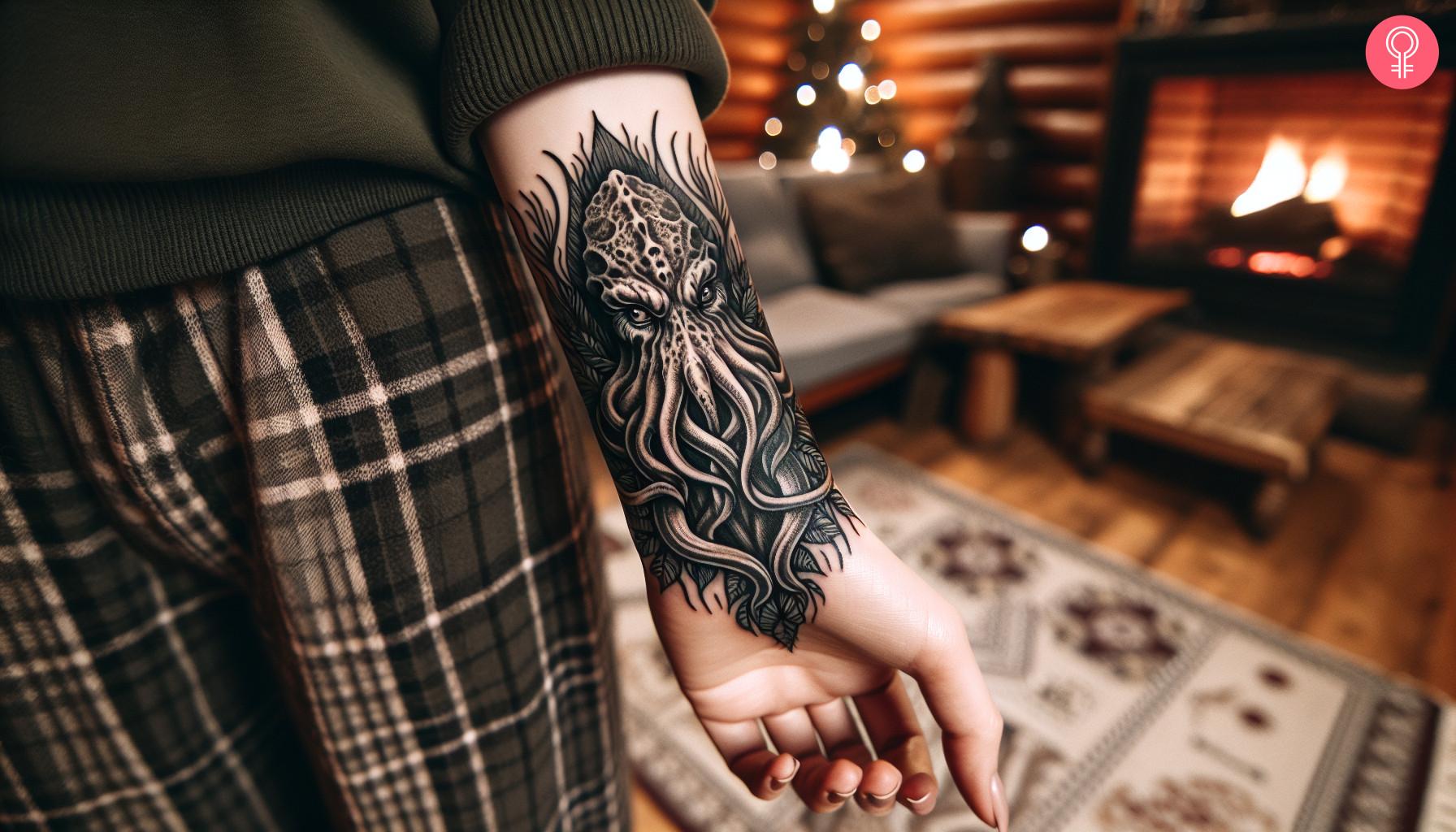 A Cthulhu tattoo on a woman's forearm