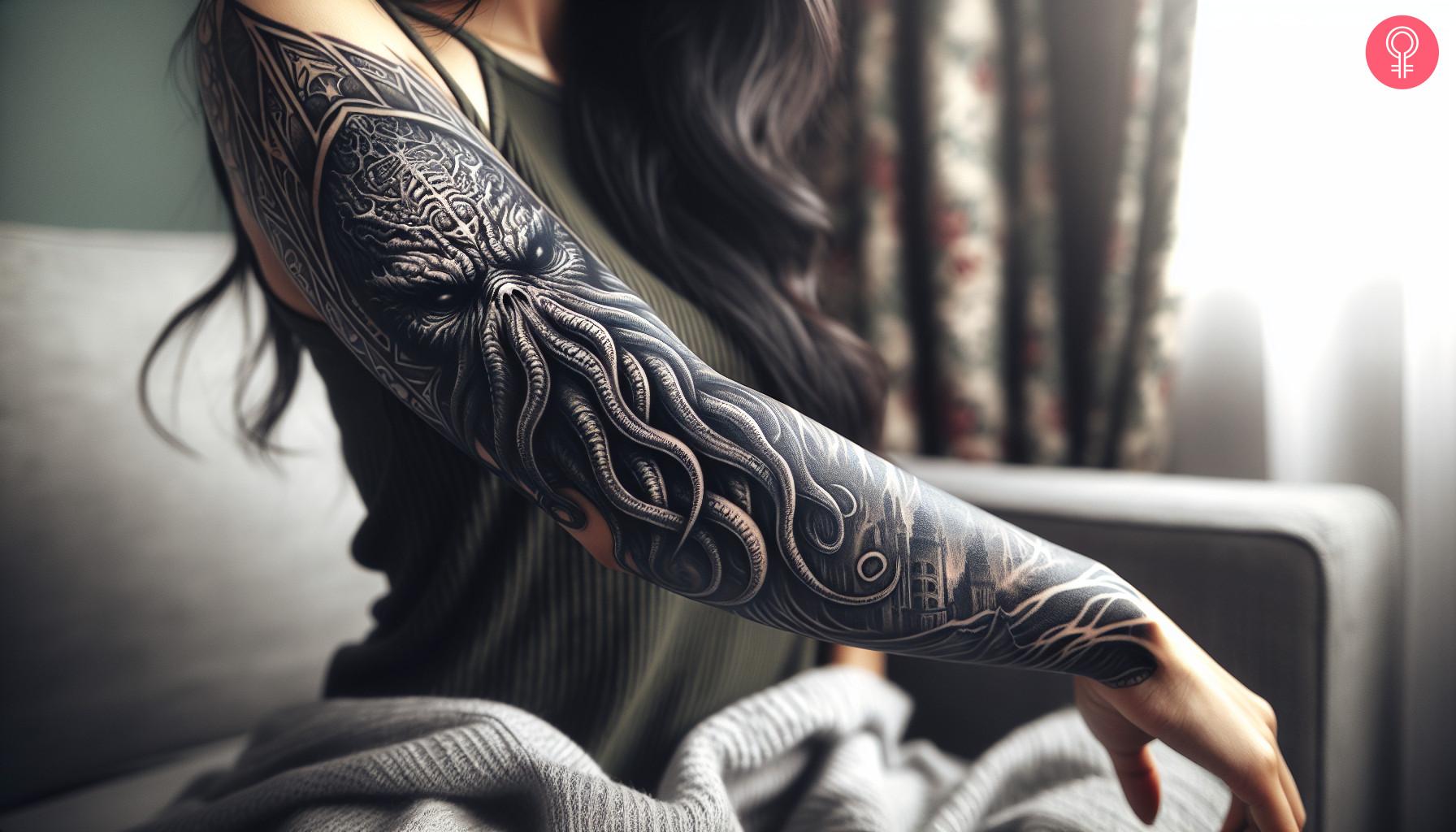 A Cthulhu tattoo on a woman's sleeve