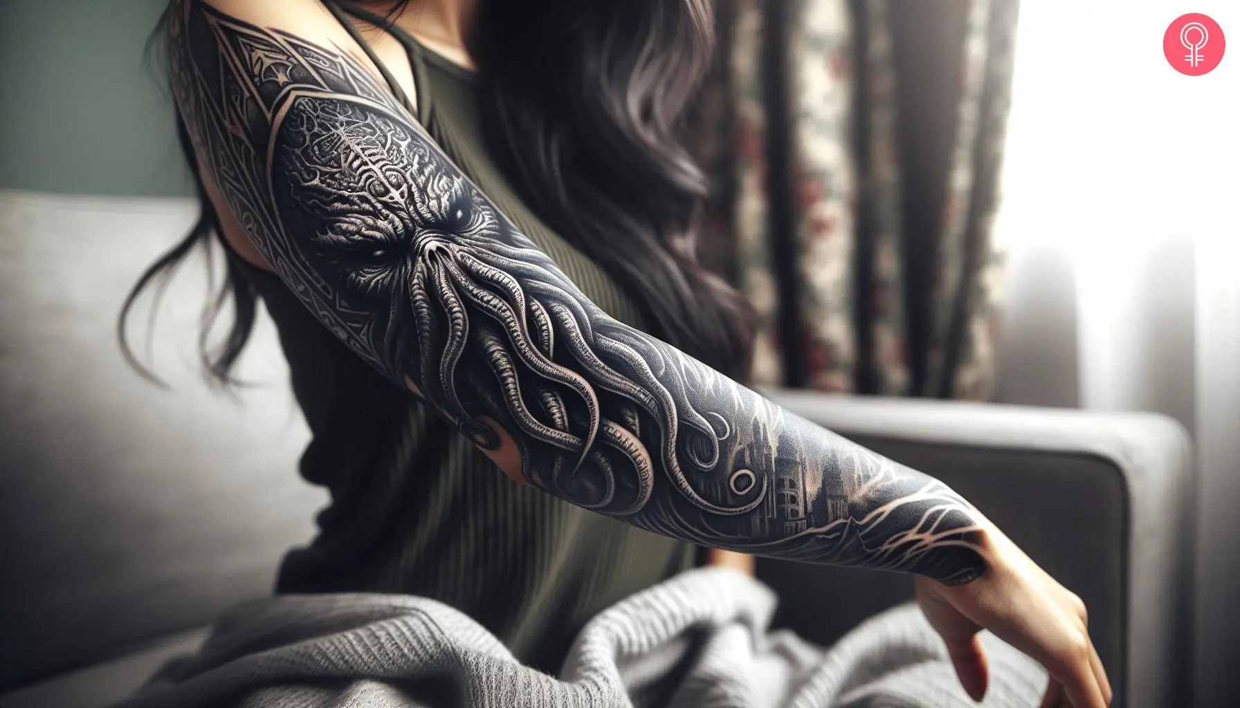 A Cthulhu tattoo on a woman’s sleeve