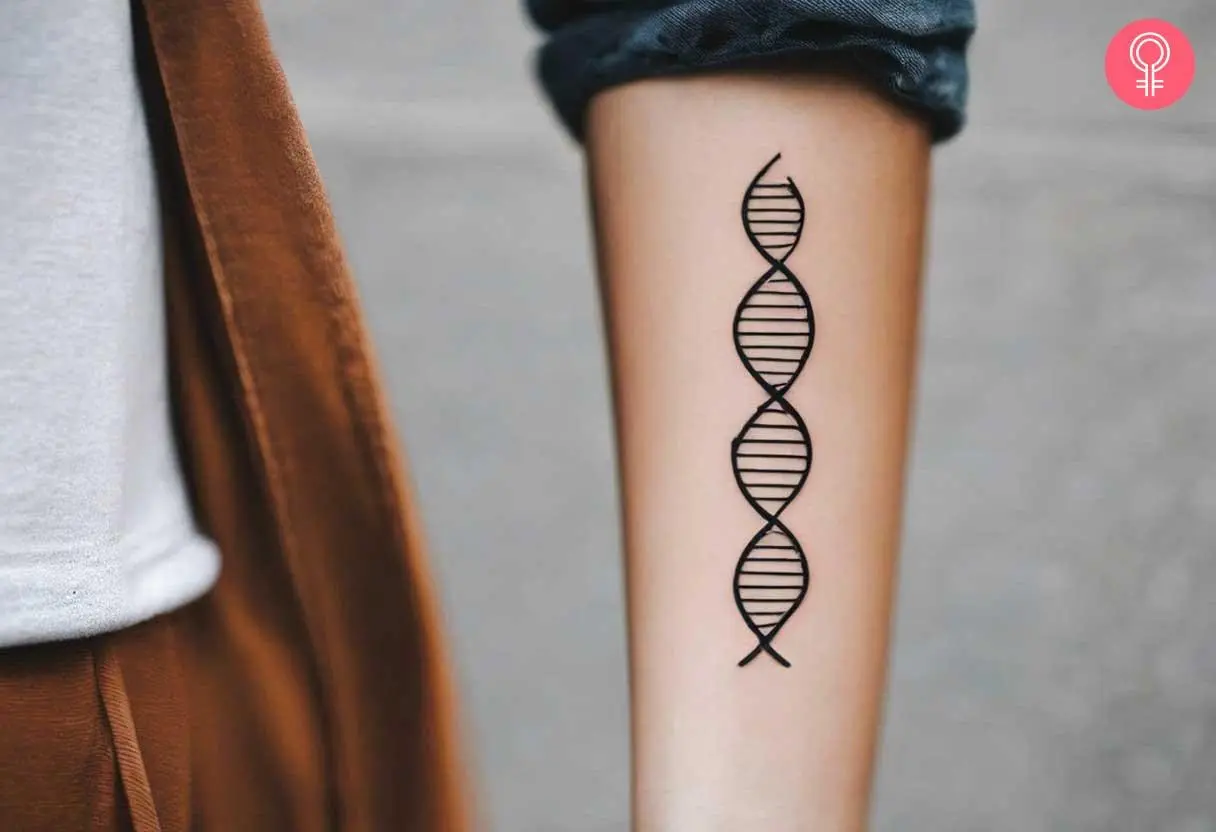 A DNA tattoo on a woman’s forearm