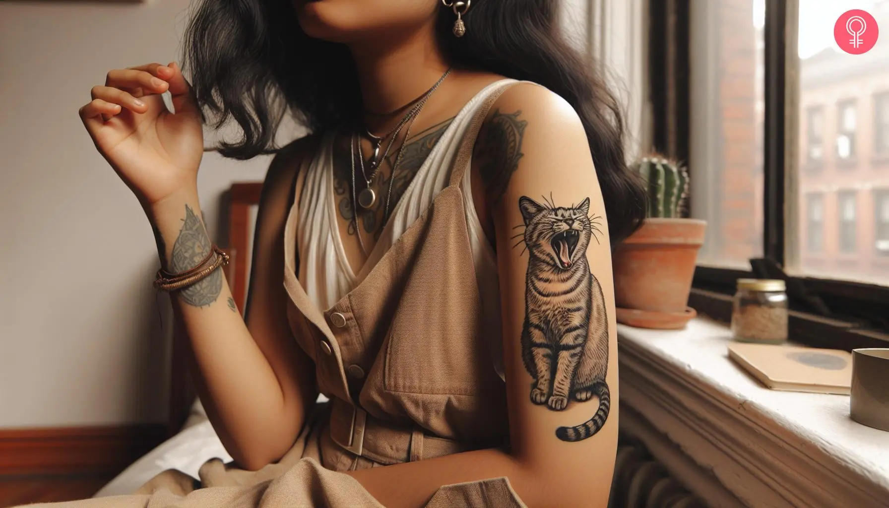 A Deftones cat tattoo on a woman’s upper arm