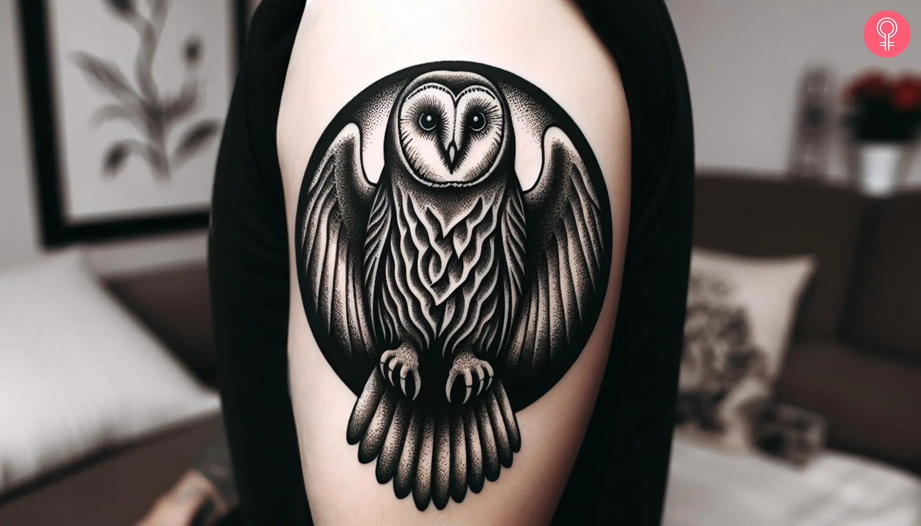 A Deftones owl tattoo on a man’s upper arm