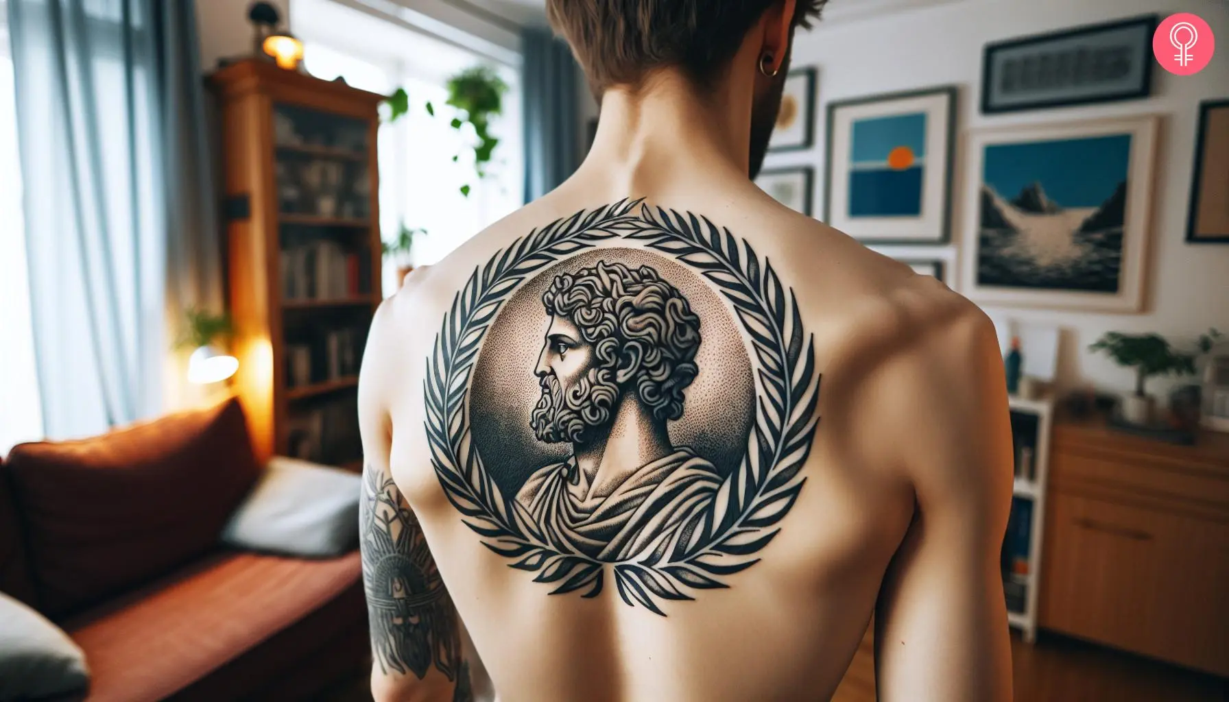 A Greek laurel wreath tattoo on a man’s back