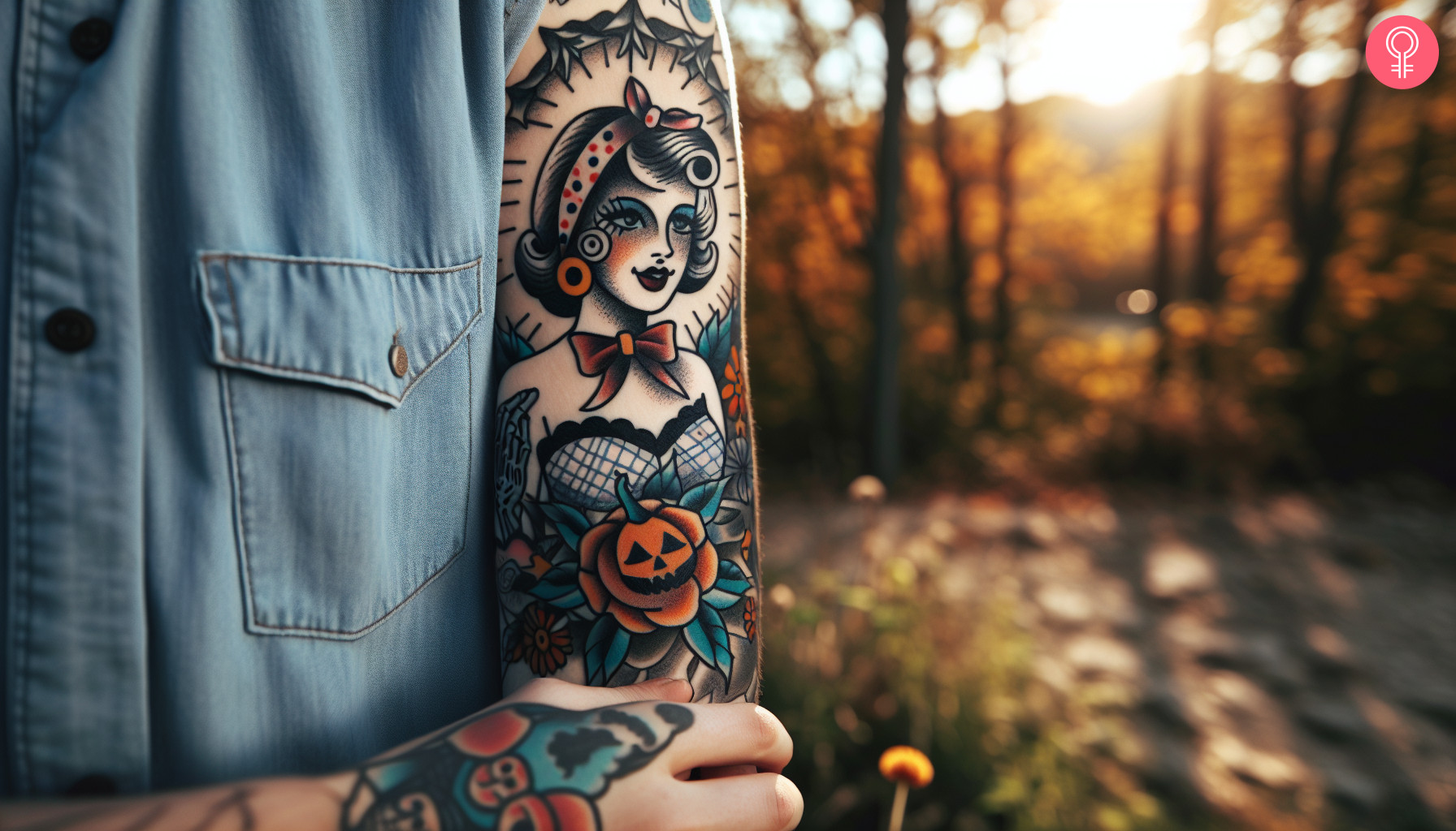 A Halloween pin-up girl tattoo on a woman’s upper arm