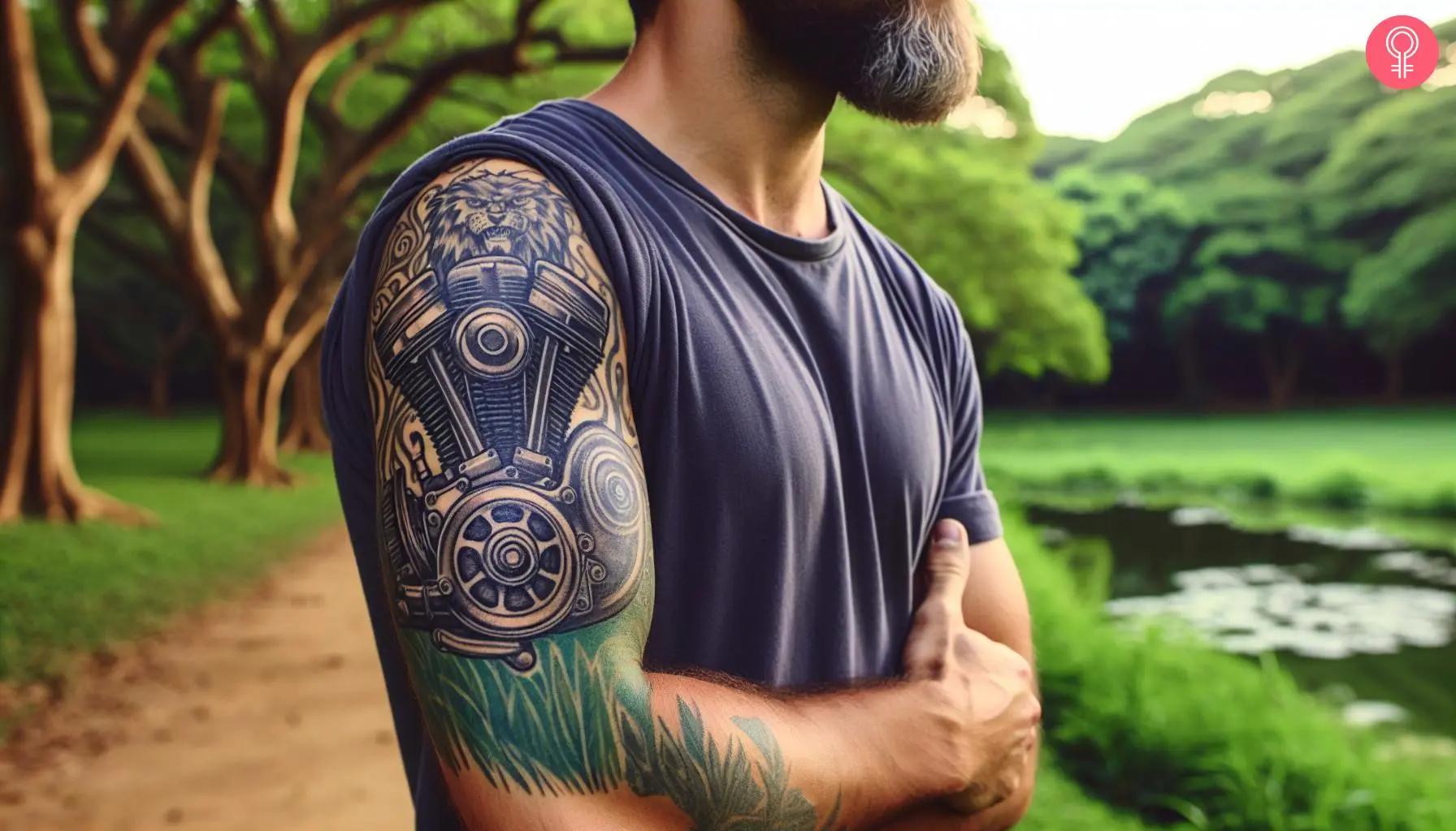 A Harley engine tattoo on a man’s upper arm