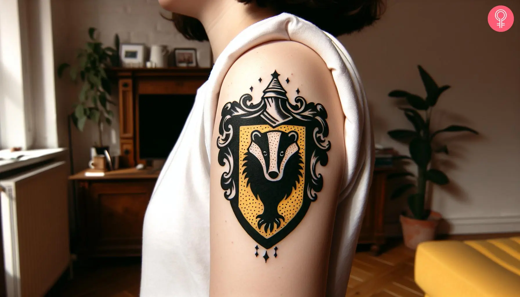 A Harry Potter Hufflepuff tattoo on the upper arm of a woman