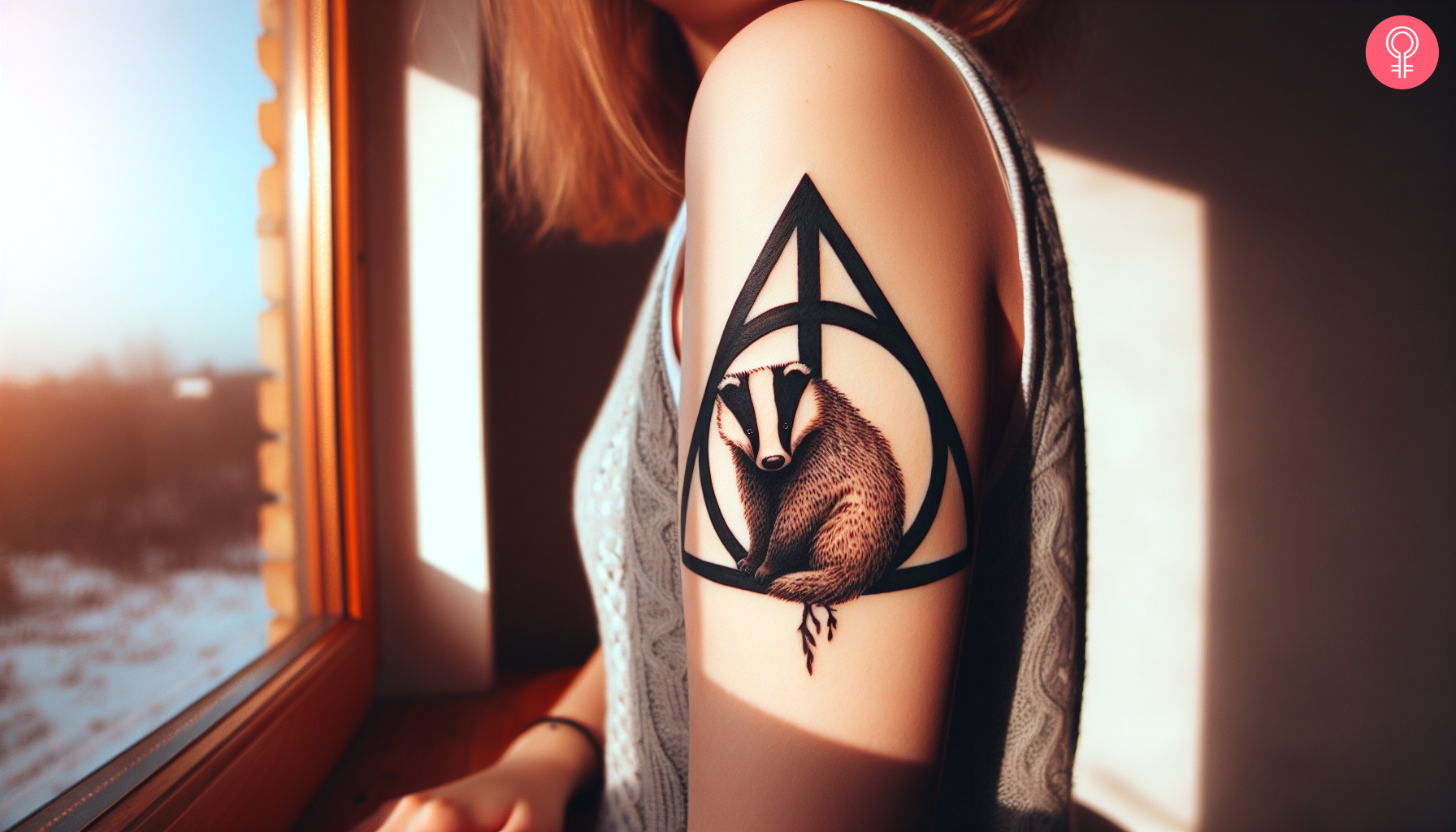 A Hufflepuff Deathly Hallows tattoo on the upper arm of a woman