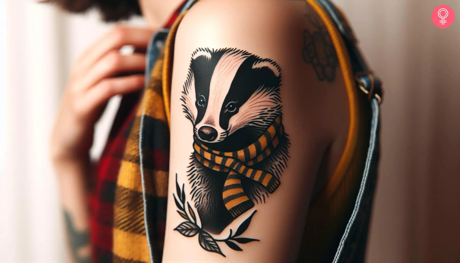 A Hufflepuff badger tattoo on the upper arm of a woman