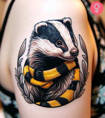 A Hufflepuff tattoo on the upper arm of a woman