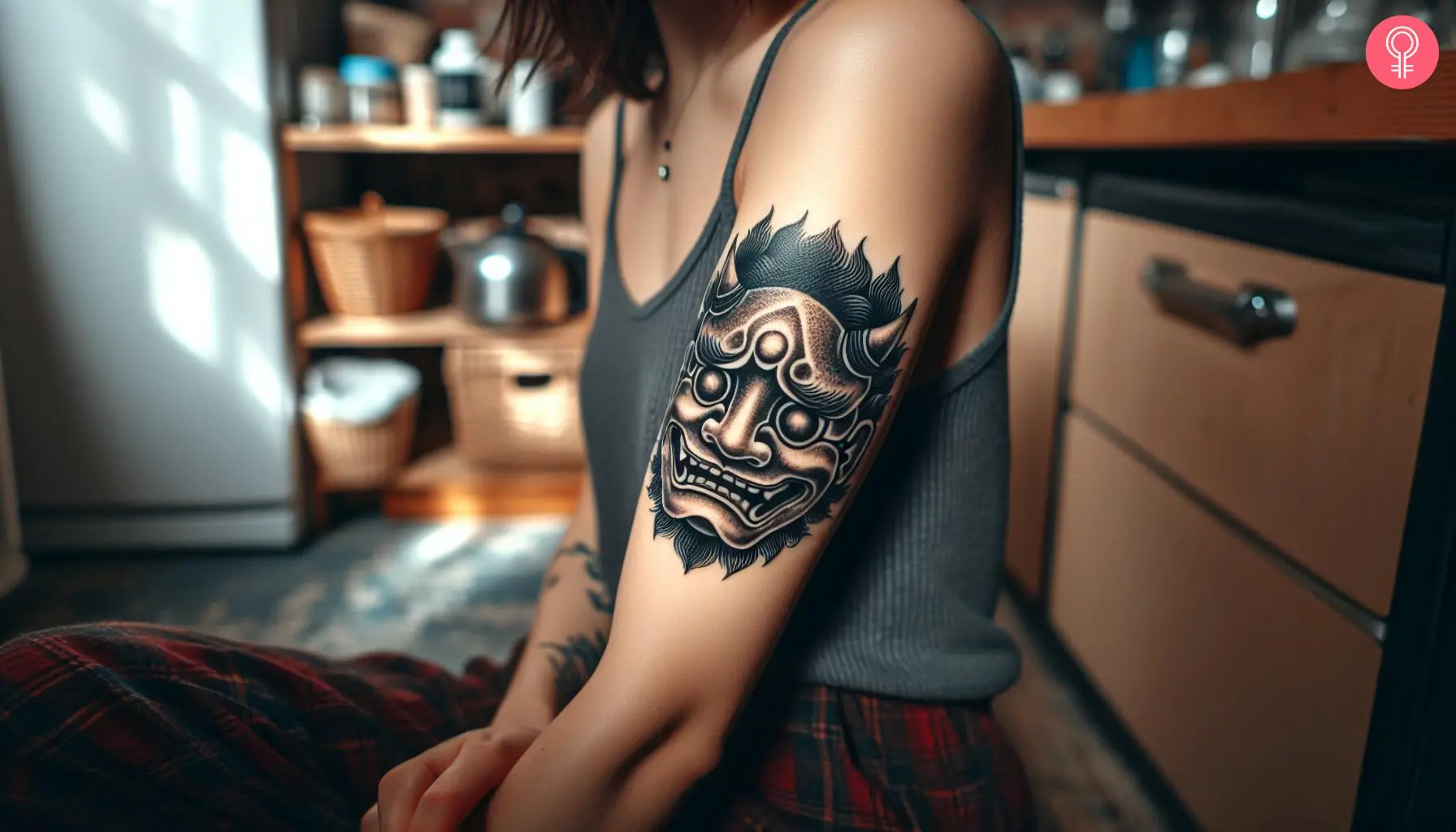 A Japanese death mask tattoo on a woman’s upper arm