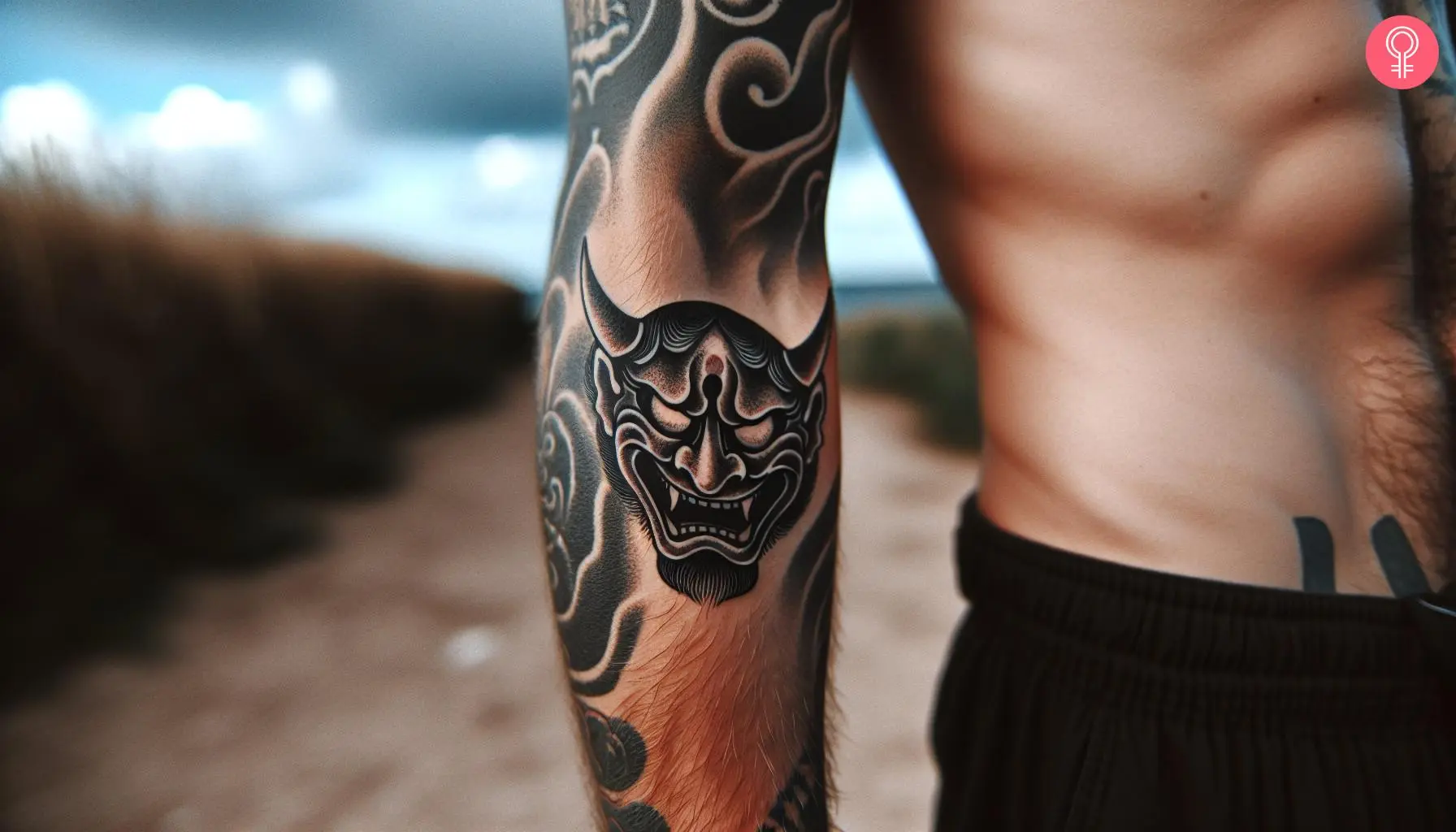 A Japanese devil mask tattoo on a man’s forearm