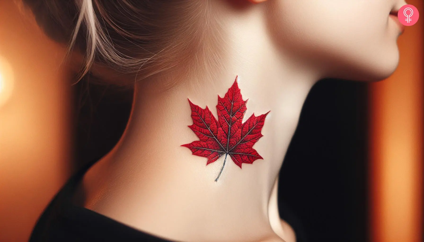 An orange maple leaf tattoo on a woman’s neck