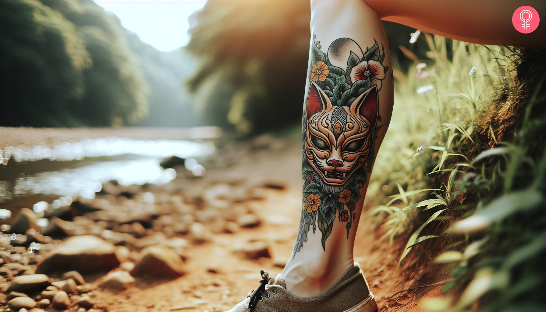 A Japanese mask tattoo on a woman's calf