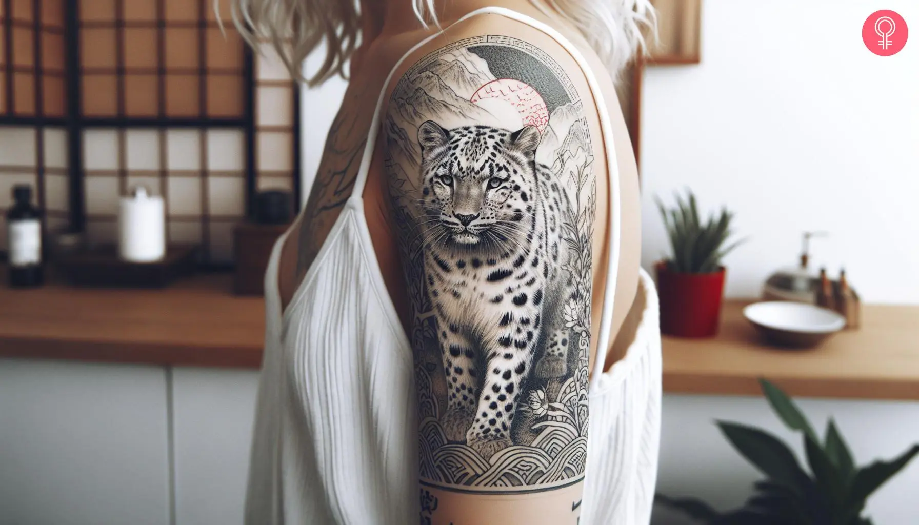 A Japanese snow leopard tattoo on a woman’s upper arm