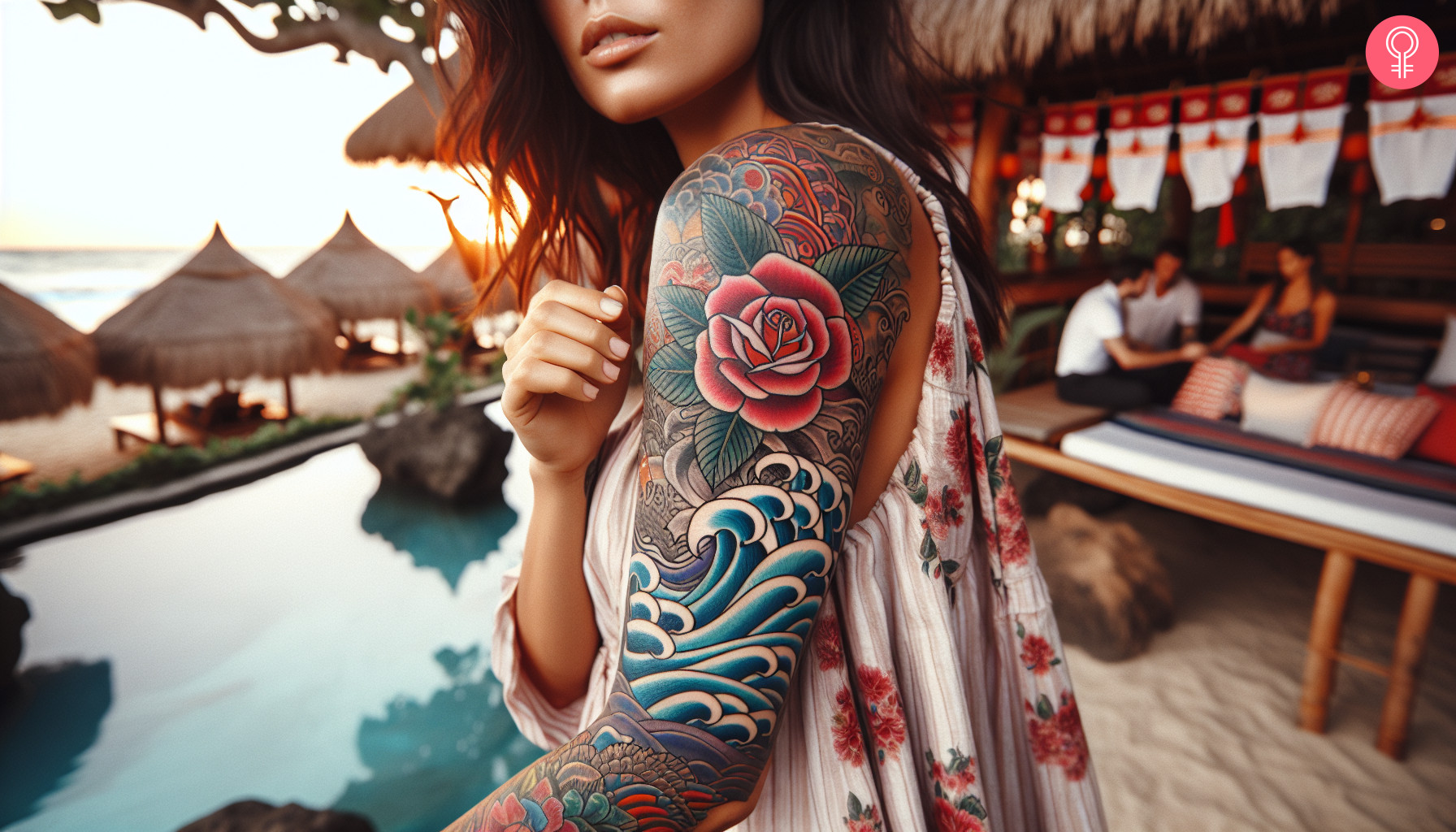 A Japanese wave filler tattoo on the upper arm of a woman