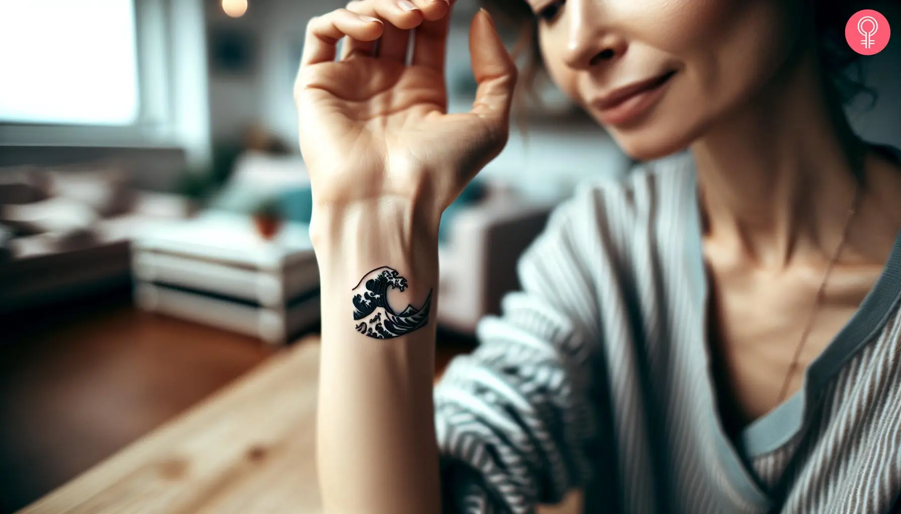 A Japanese wave minimalist tattoo on the wrist of a woman