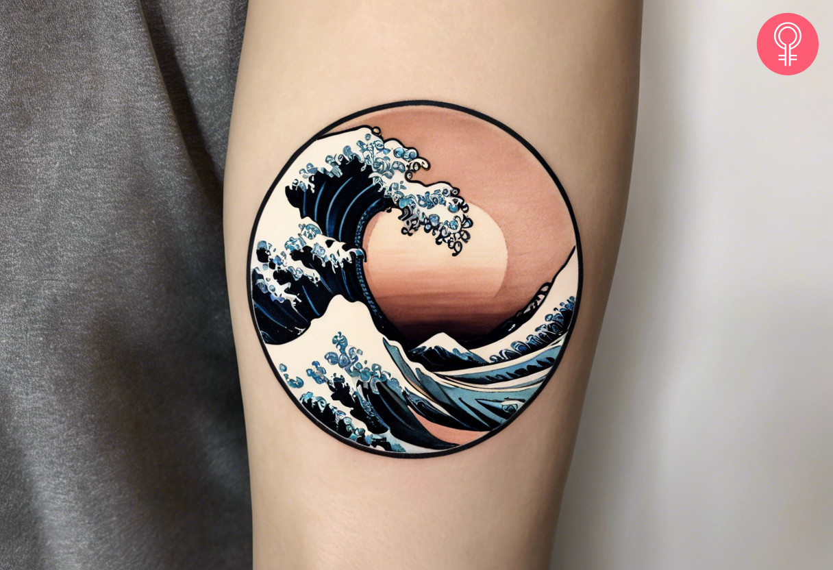 A Japanese wave painting tattoo on the arm of a woman