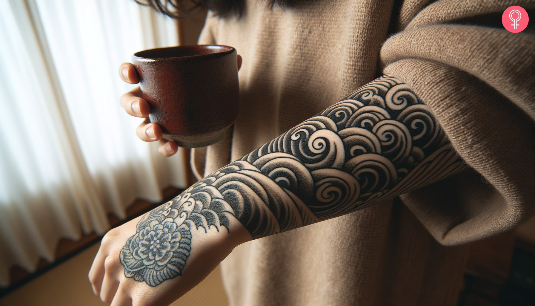 A Japanese wave pattern tattoo on the forearm of a woman