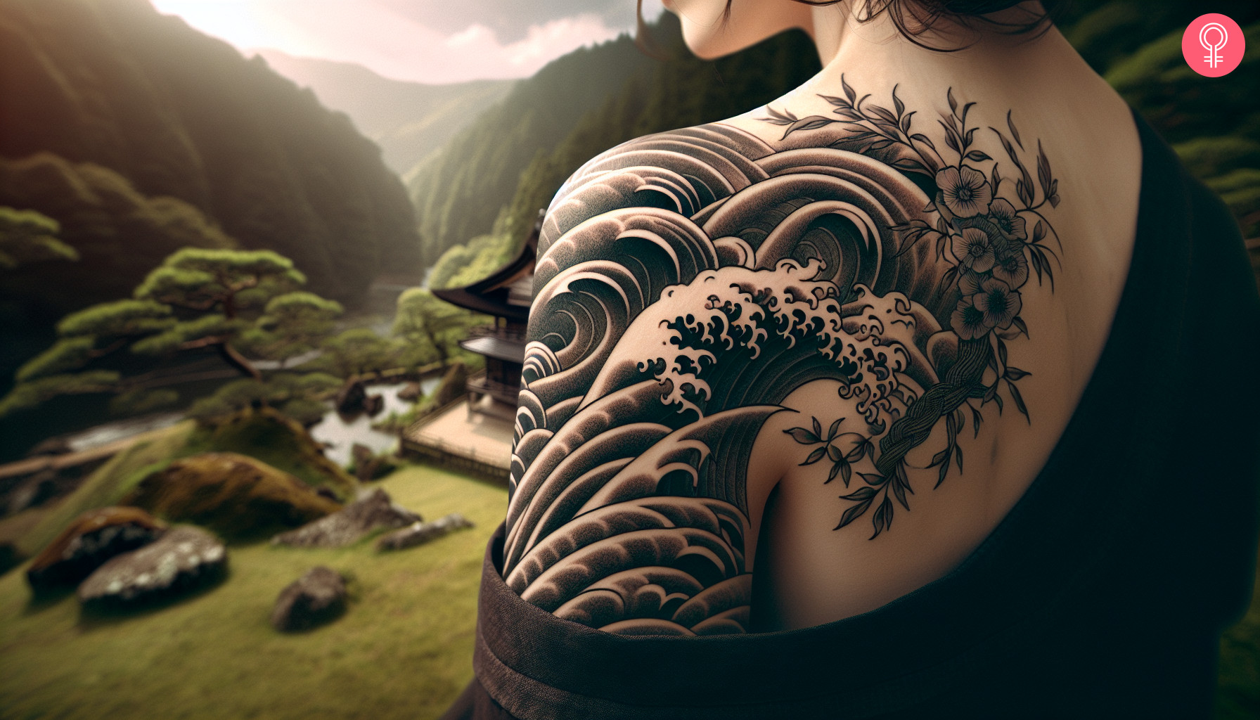 A Japanese wave tattoo on the shoulder of a woman