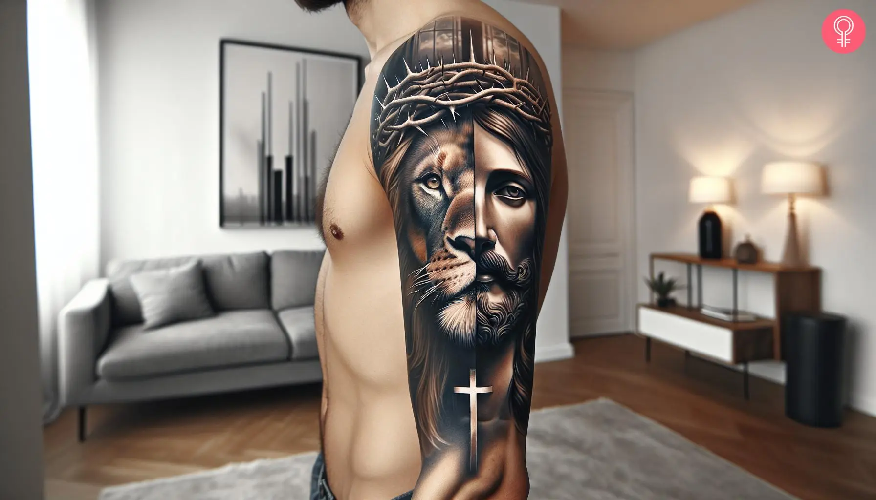 A Jesus and lion of Judah tattoo on the upper arm