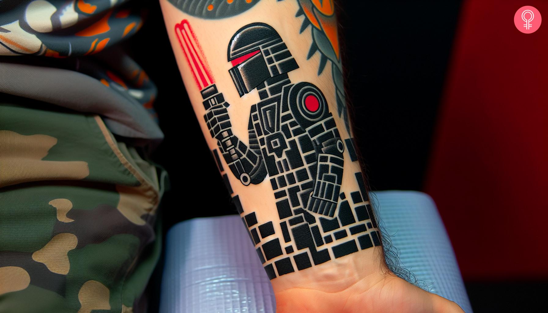 A LEGO Darth Vader tattoo on forearm