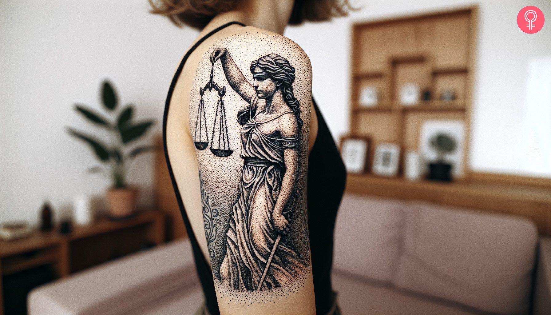 A Libra balance tattoo on the upper arm