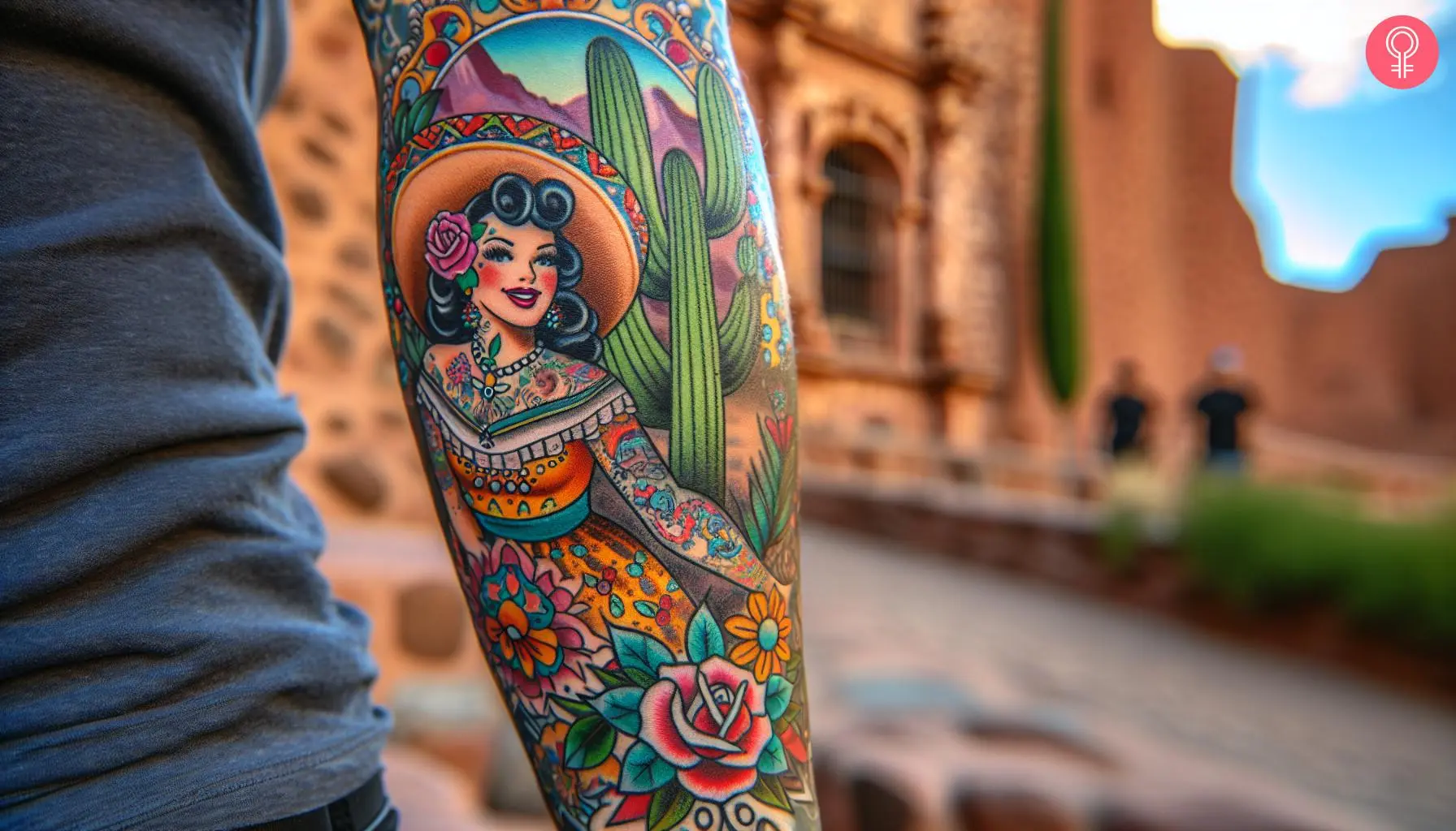 A Mexican pin-up girl tattoo on a woman’s forearm