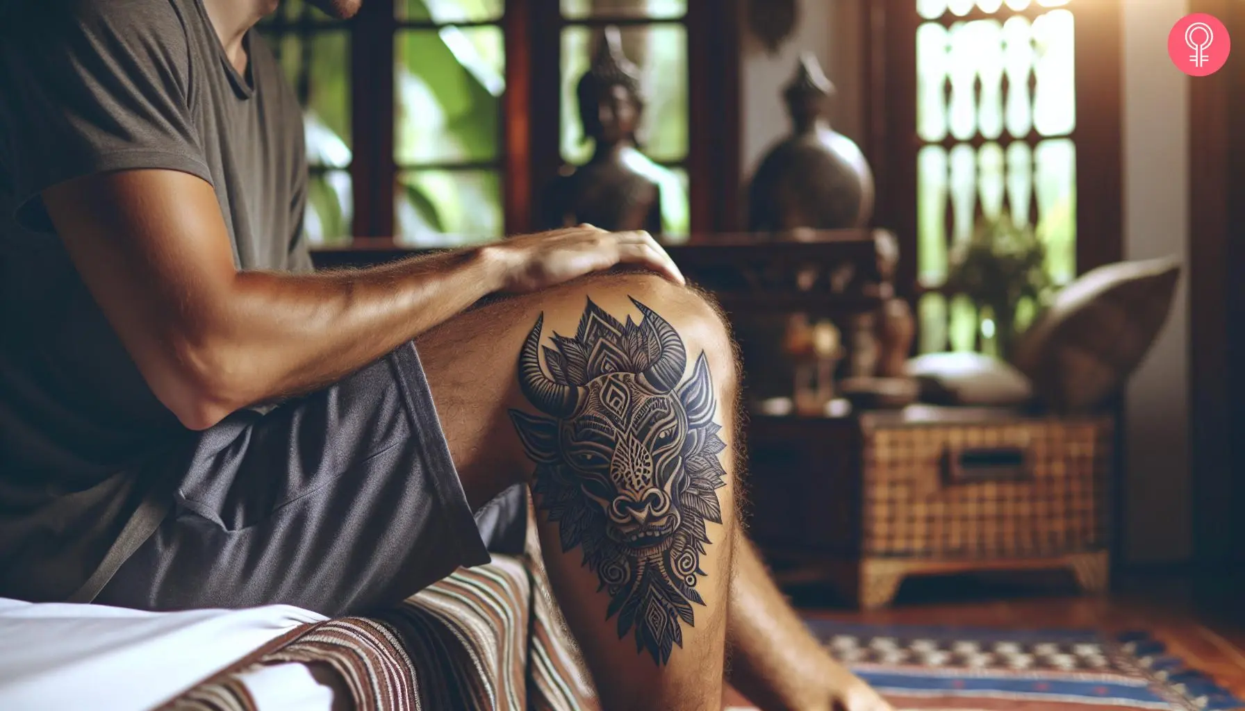 A Minotaur head tattoo on a man’s leg