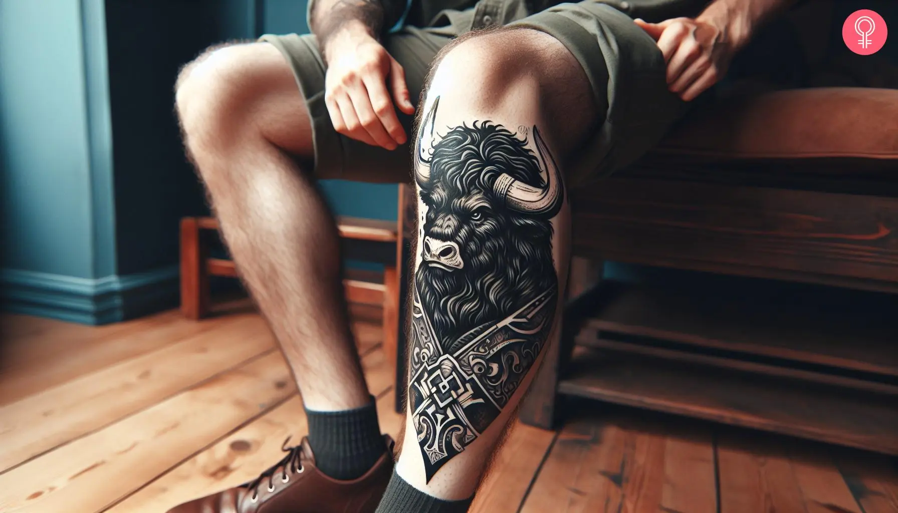 A Minotaur tattoo on the leg of a man