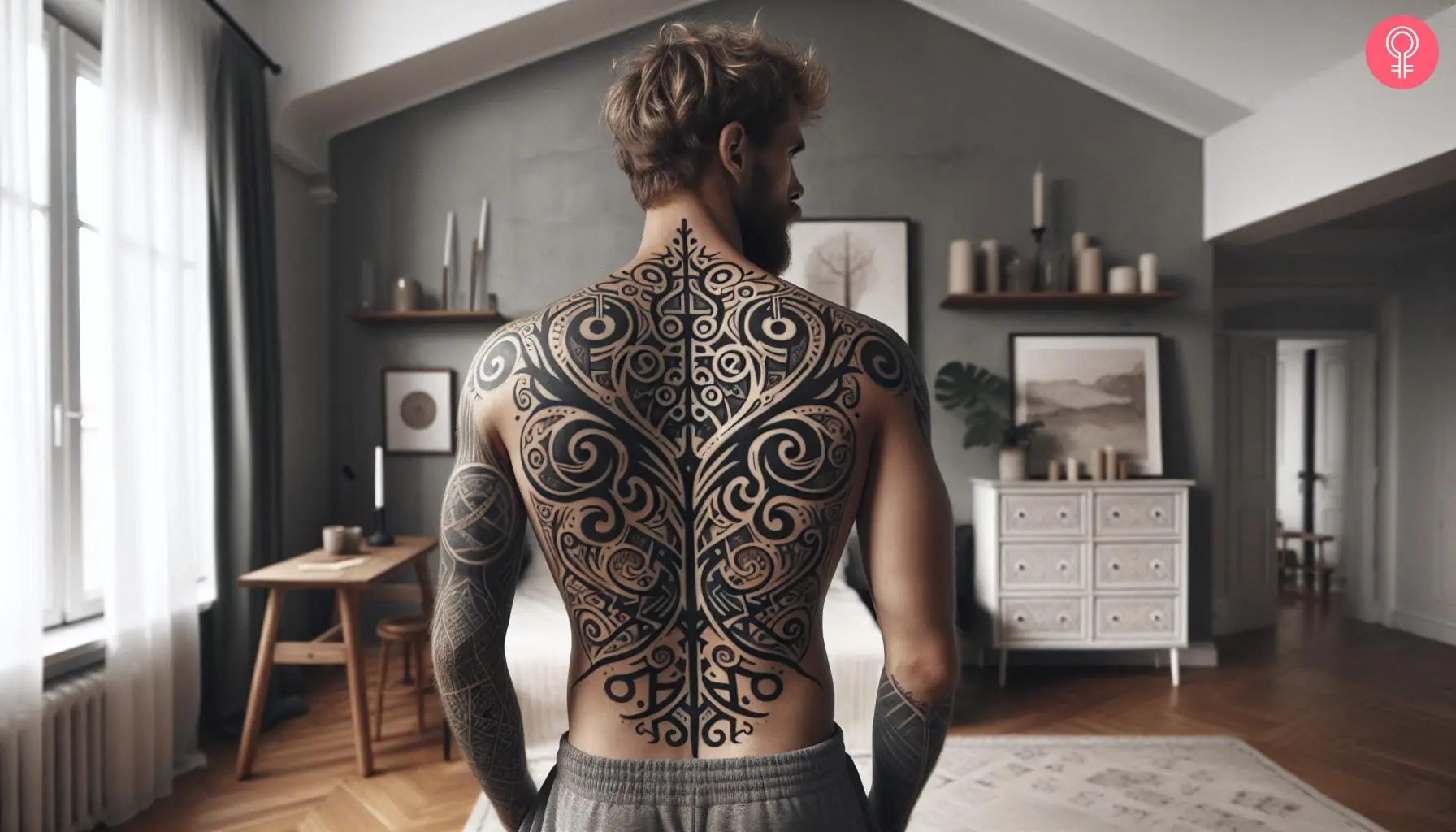 A Norse back tattoo featuring abstract patterns inspired by Nordic runes