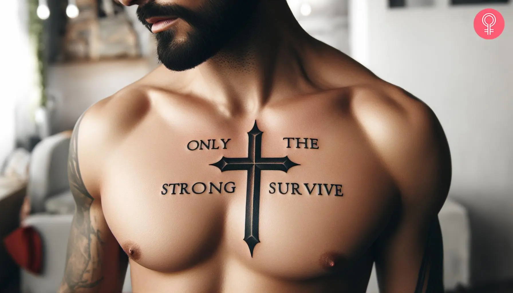 A ‘Only The Strong Survive’ cross tattoo on a man’s chest