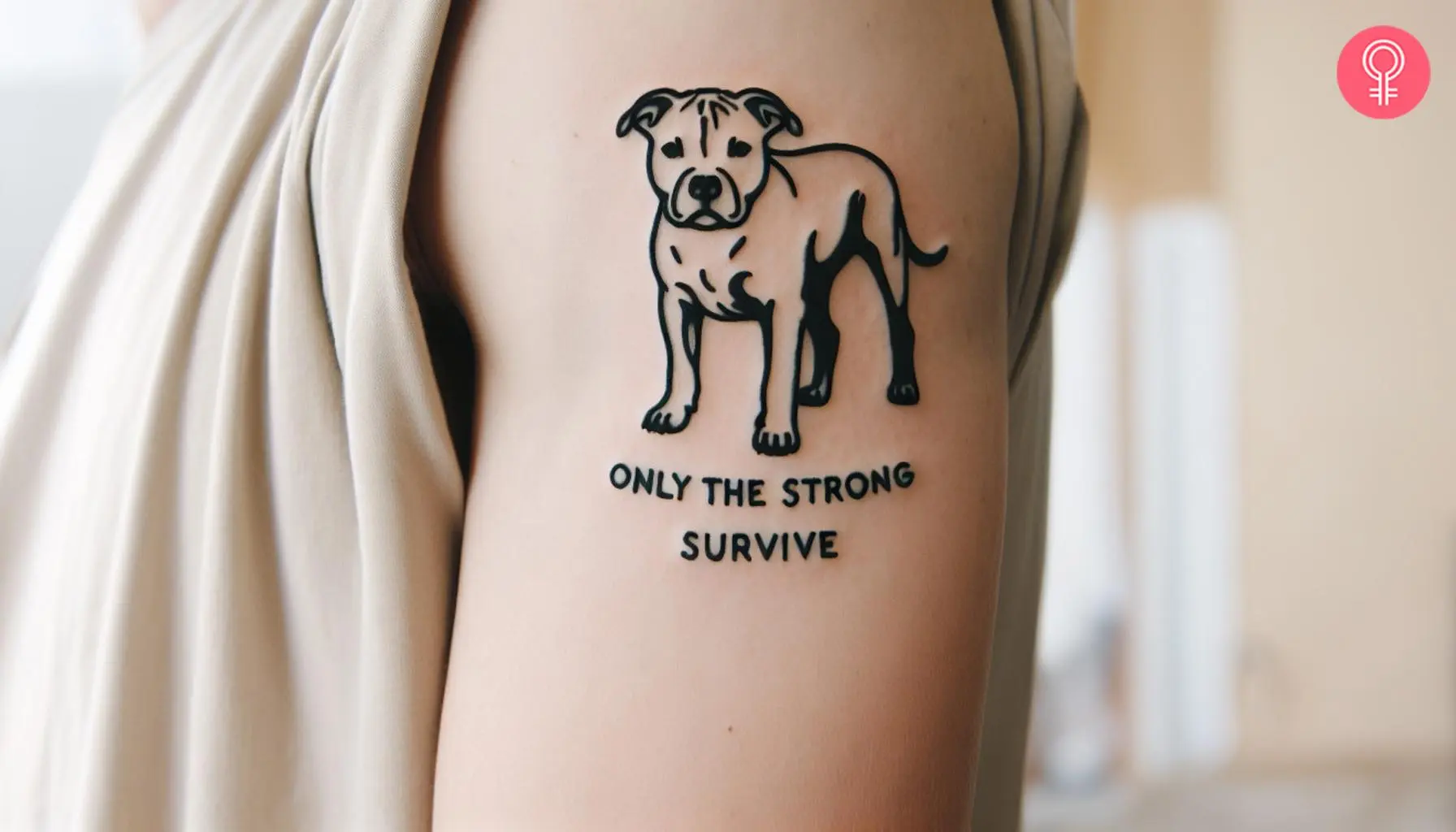 A ‘Only The Strong Survive’ pitbull tattoo on the upper arm