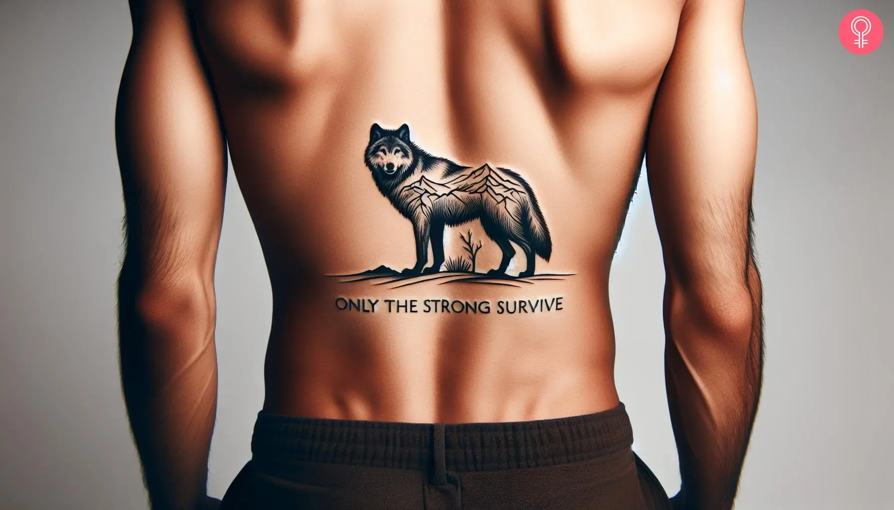 A 'Only The Strong Survive' wolf tattoo on a man’s lower back