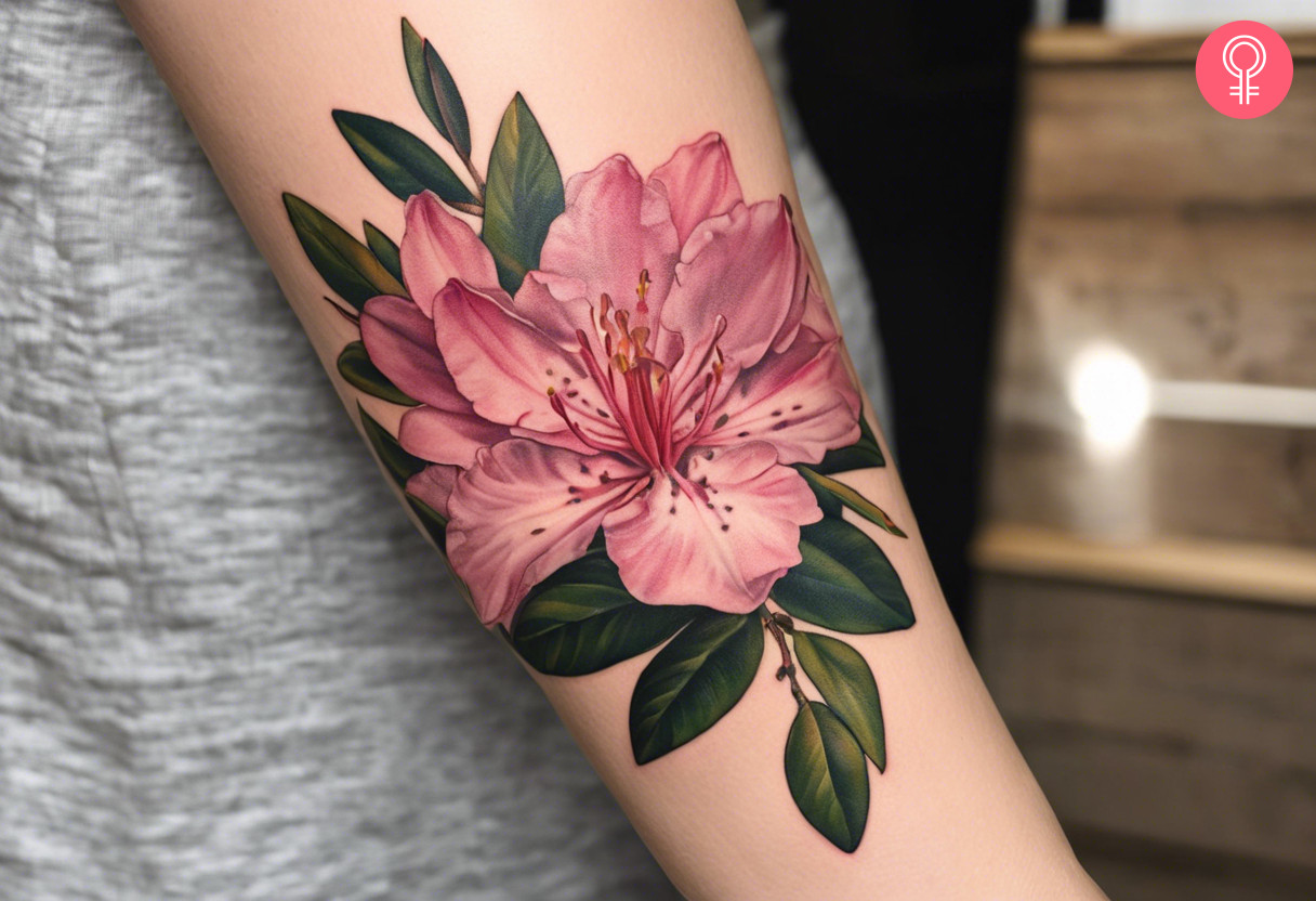 A Pacific rhododendron tattoo on the arm