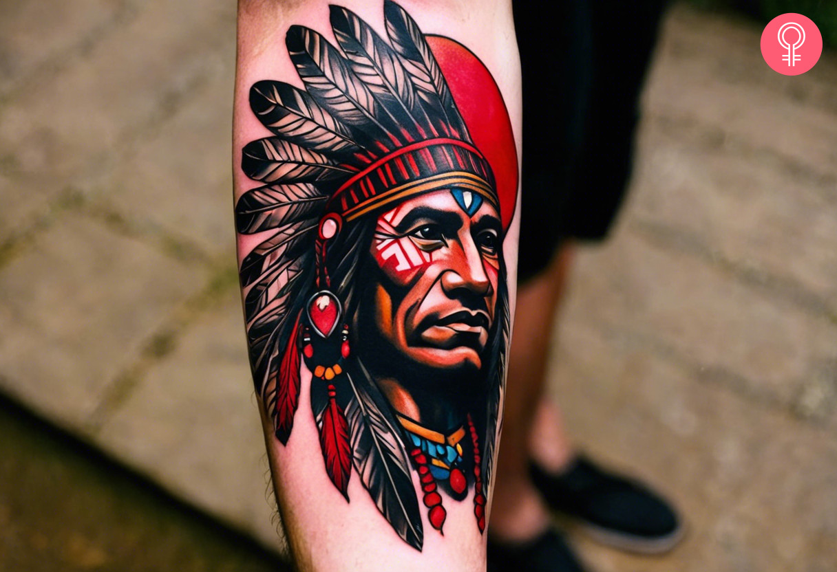 A Red Indian tattoo on the forearm of a man