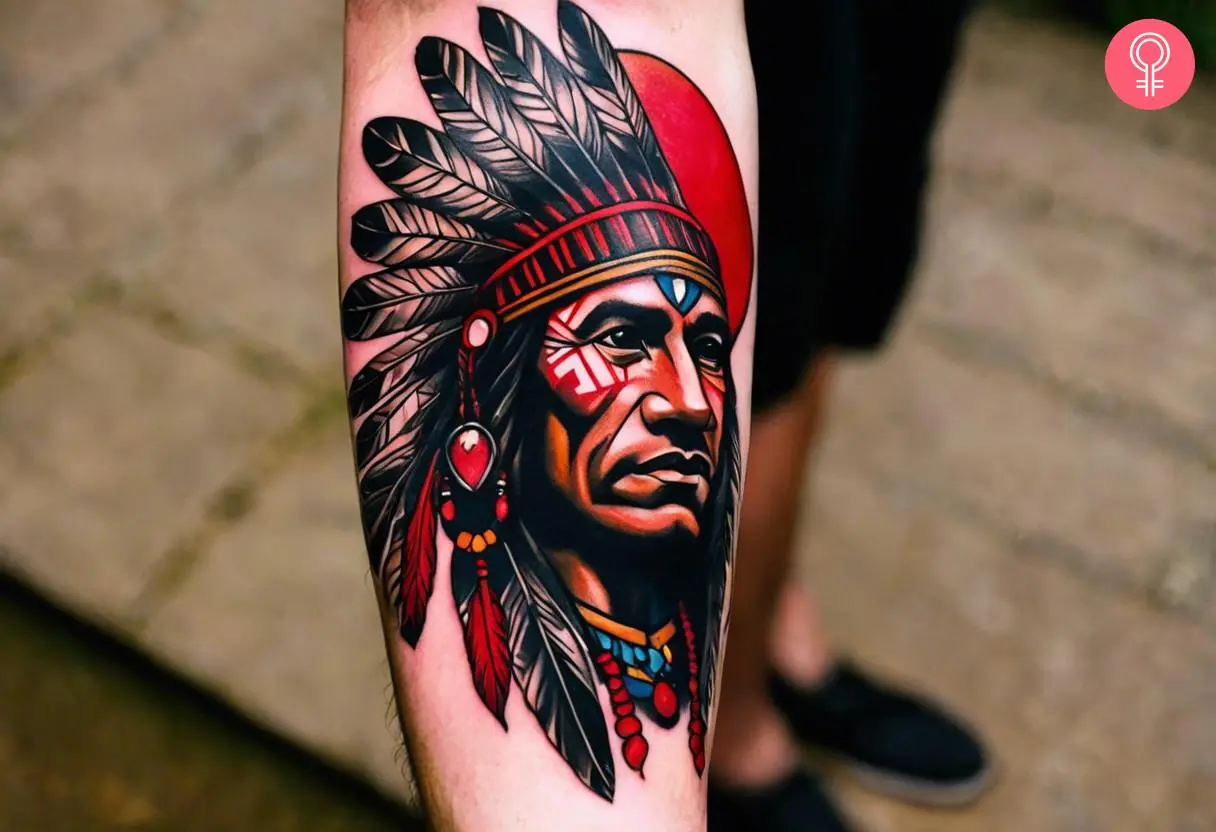 A Red Indian tattoo on the forearm of a man