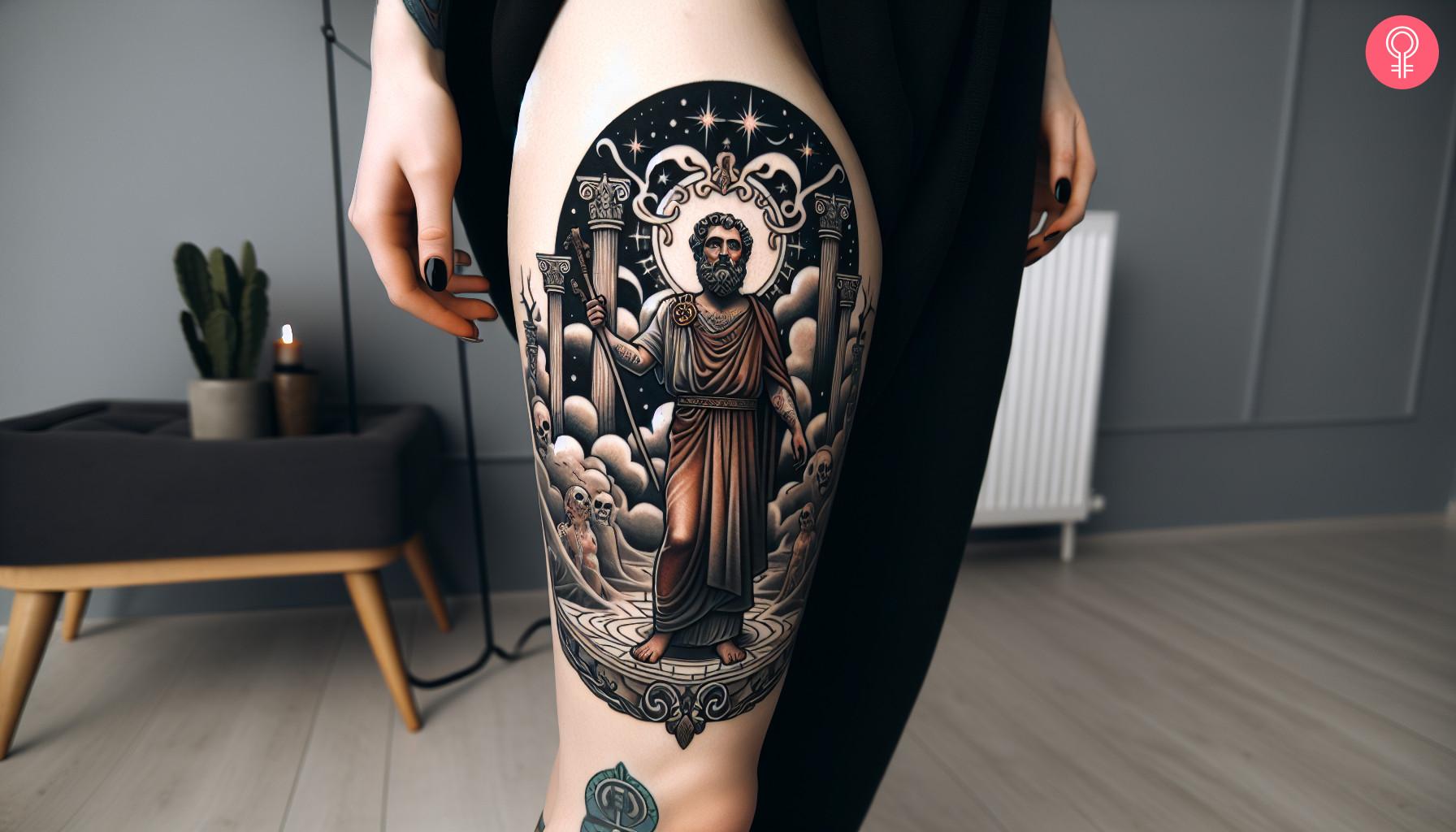 A Roman underworld tattoo on the thigh