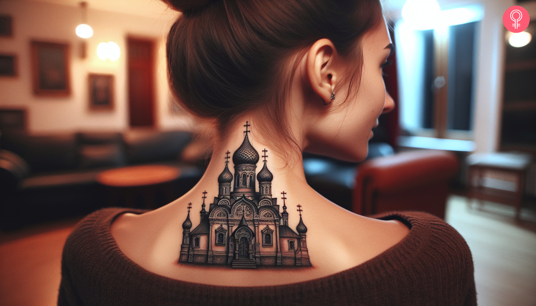 A Russian cathedral tattoo on the nape of the neck