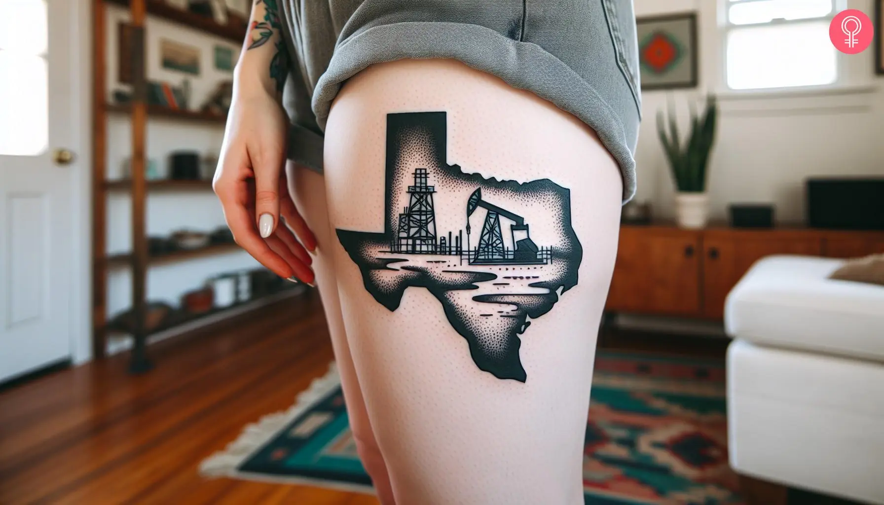 A Texas oilfield tattoo on the thigh of a woman