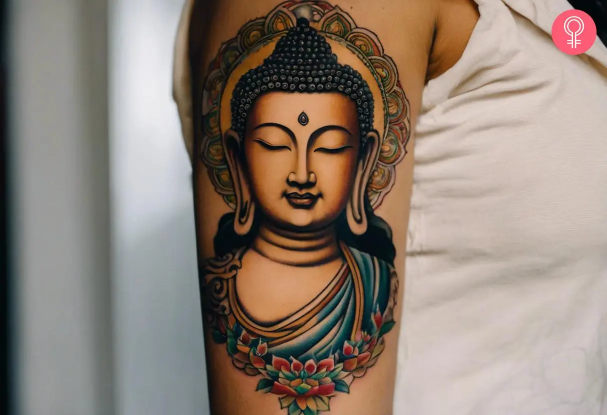 A Tibetan Buddha tattoo inked on the upper arm