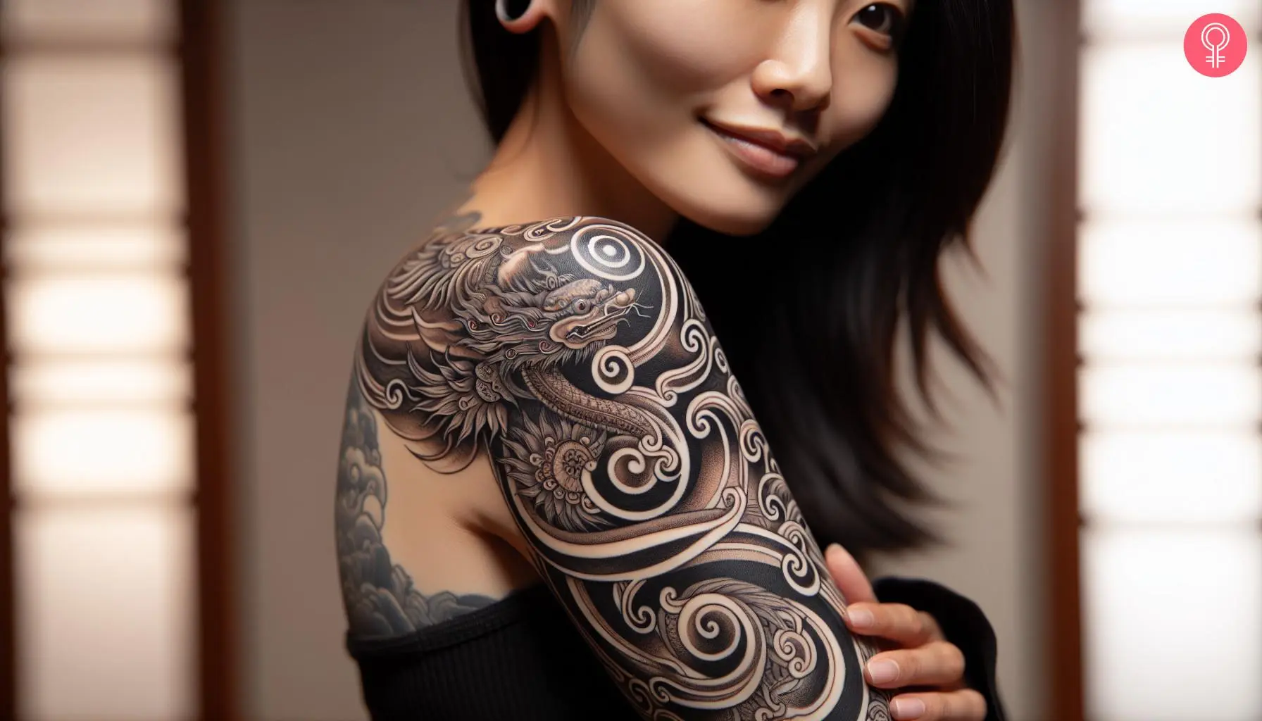 A Tibetan dragon tattoo inked on the upper arm