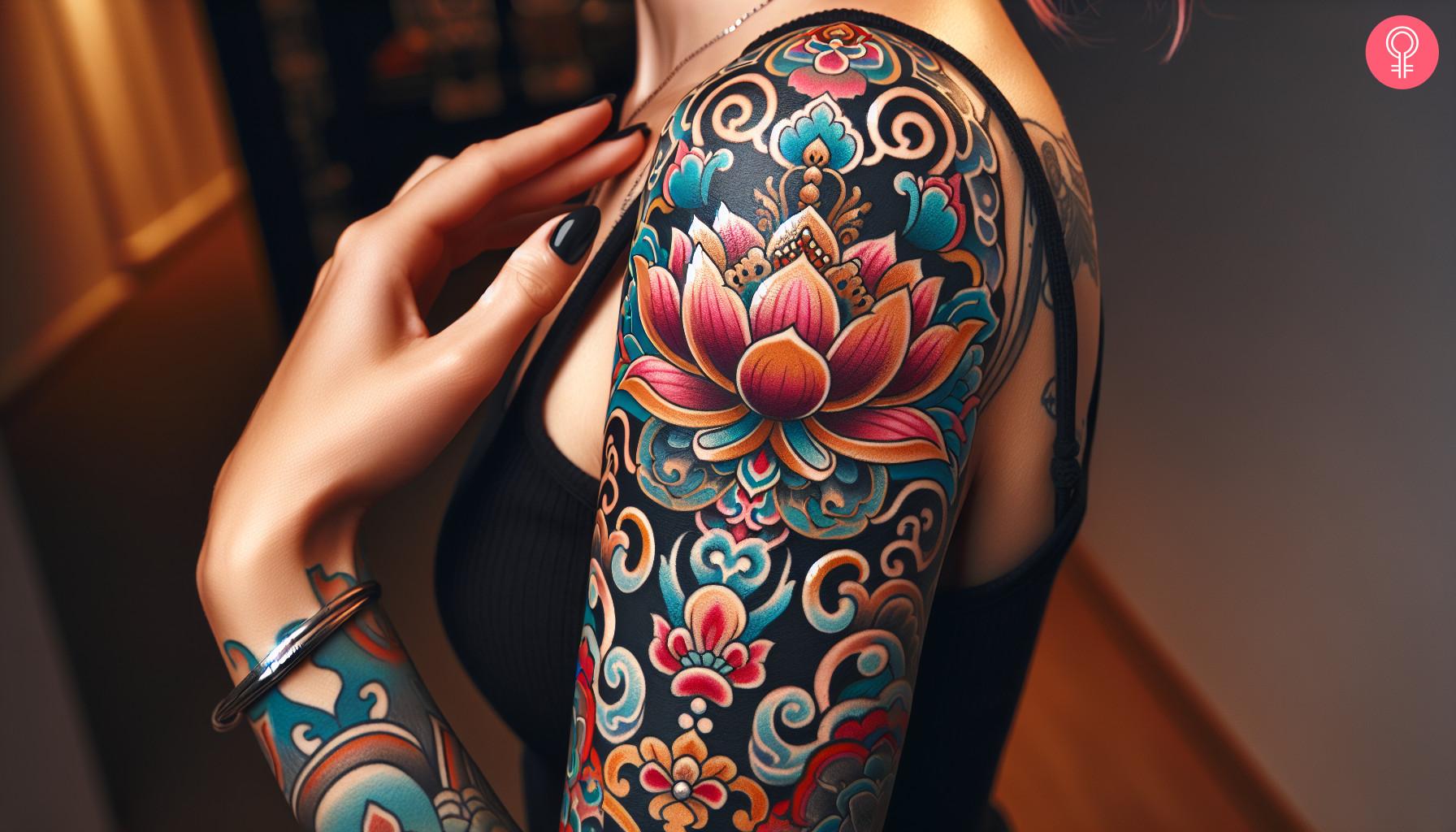 A Tibetan lotus tattoo on the upper arm