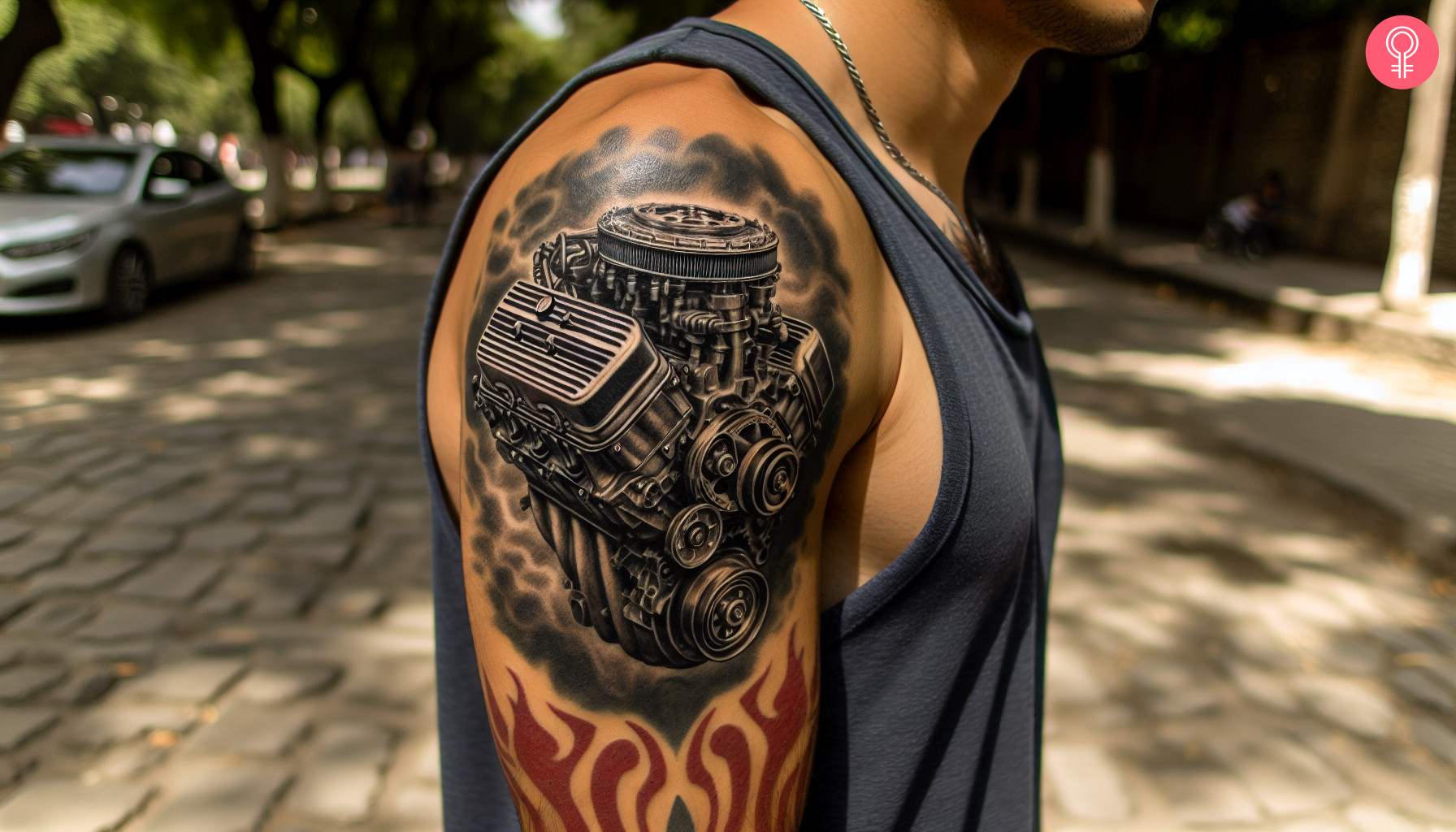 A V8 engine tattoo on a man’s upper arm