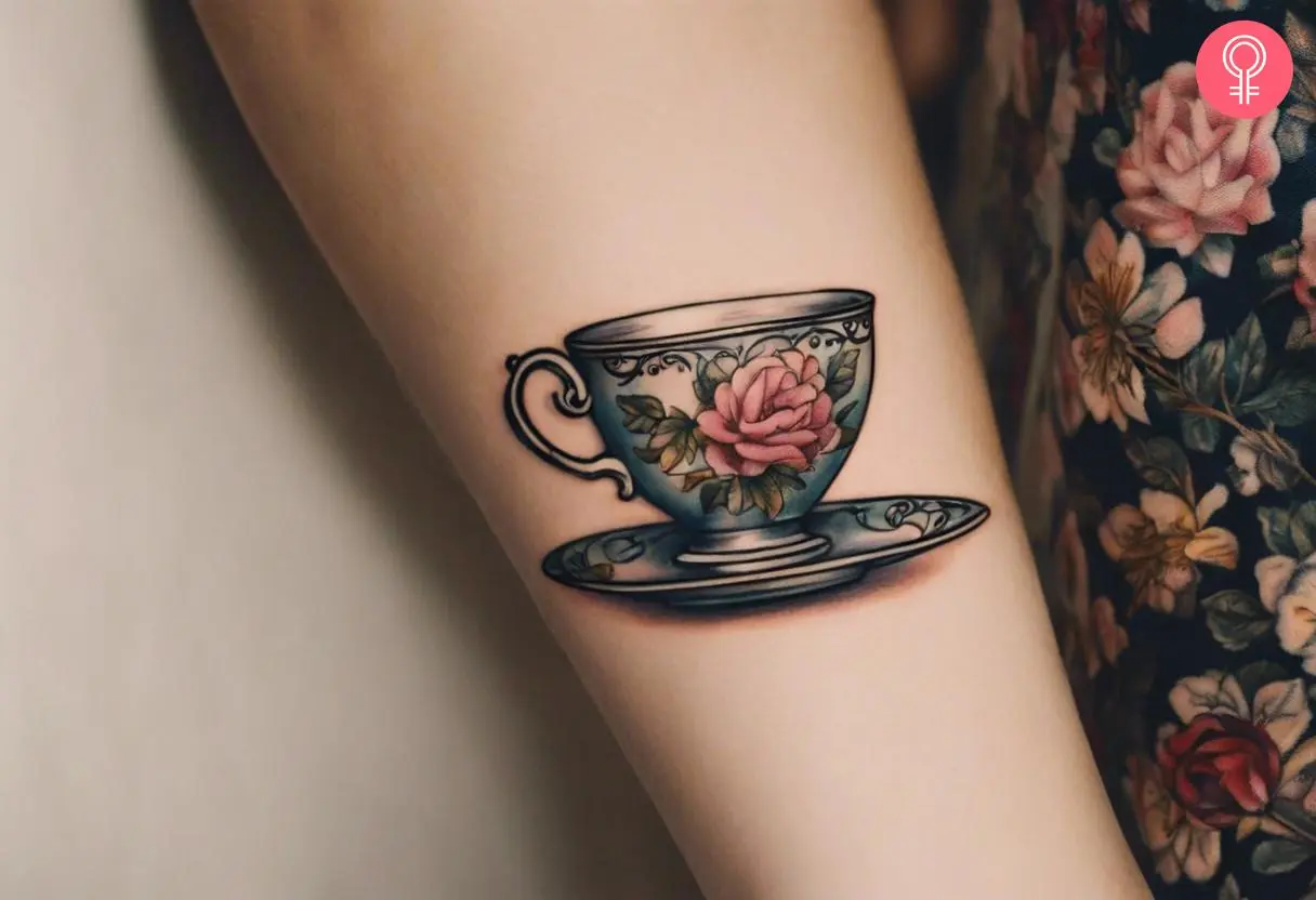 A Victorian teacup tattoo on a woman’s upper arm