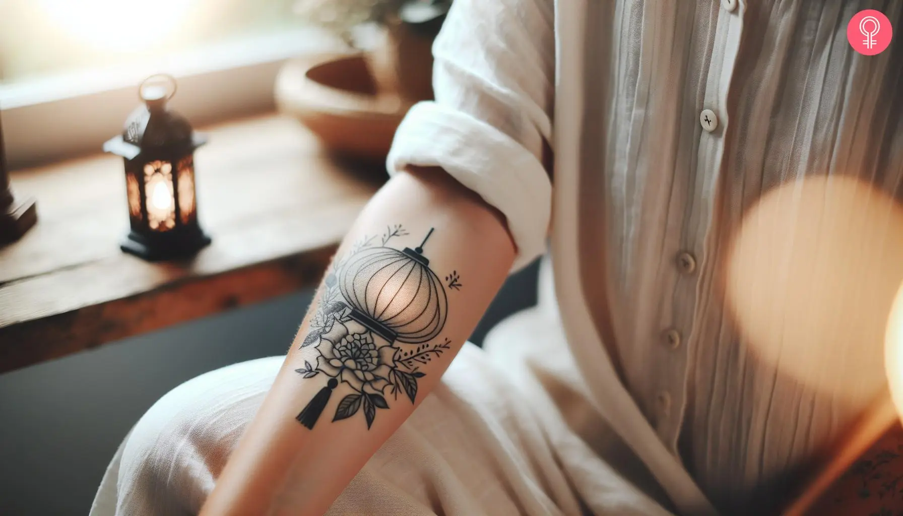 A Vietnamese lantern tattoo on a woman’s forearm