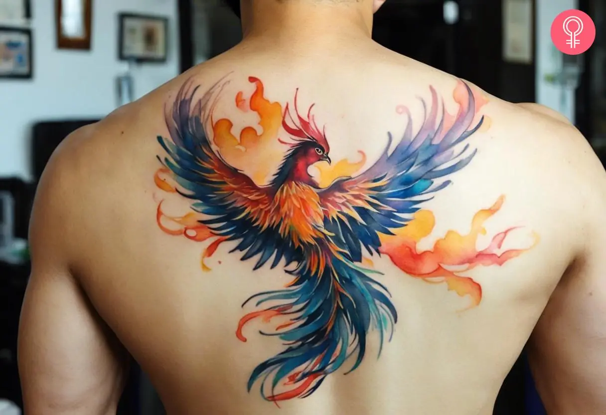 A Vietnamese phoenix tattoo on the upper back of a man