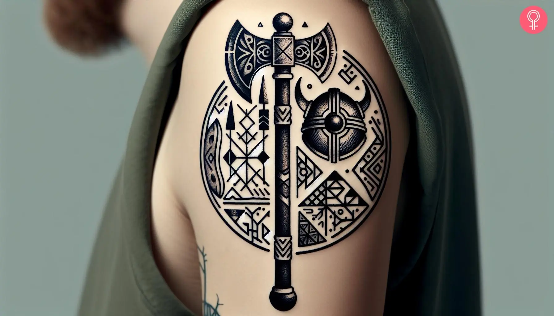 A Viking axe tattoo on a woman’s upper arm