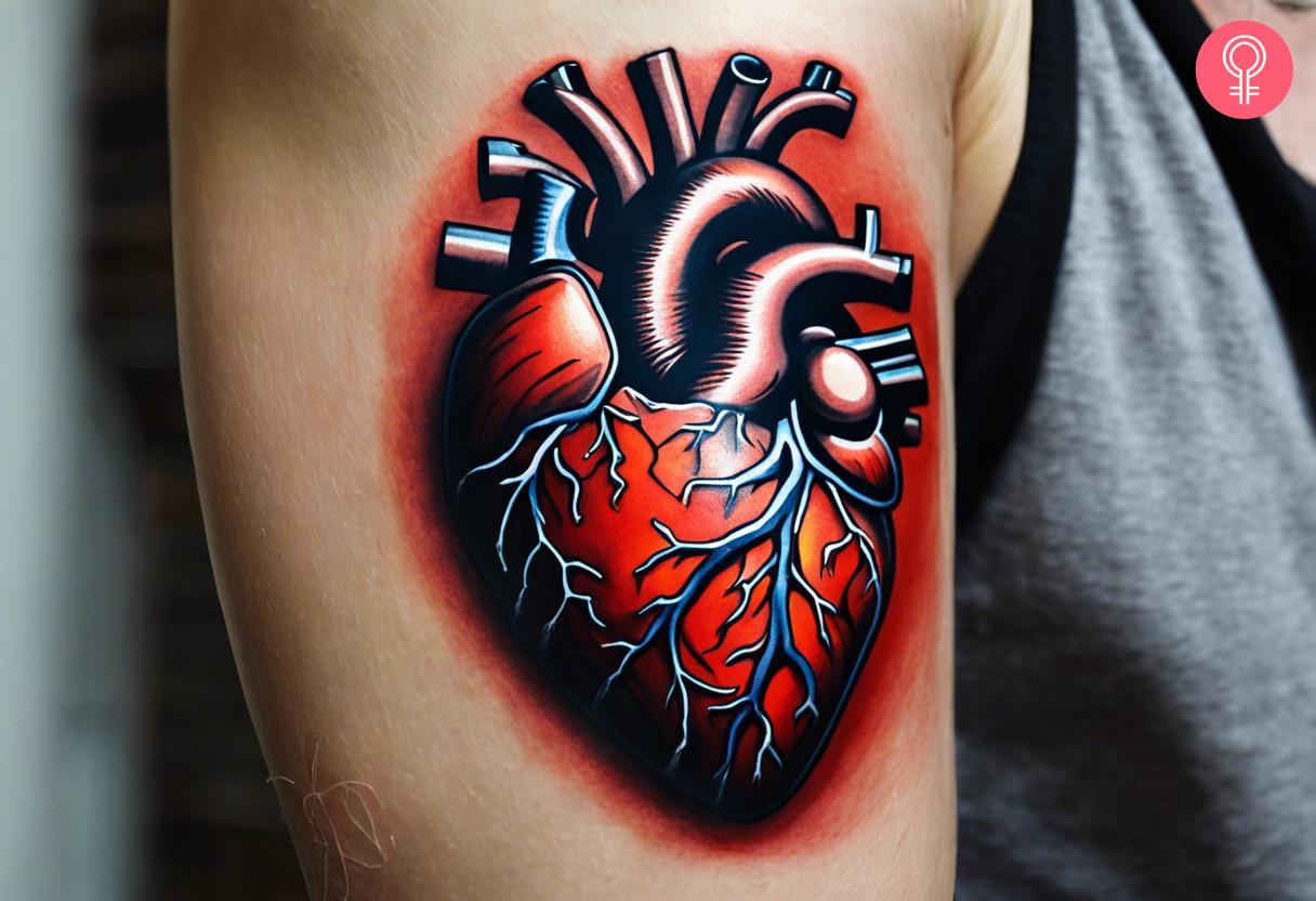 An anatomical heart tattoo on a man's arm