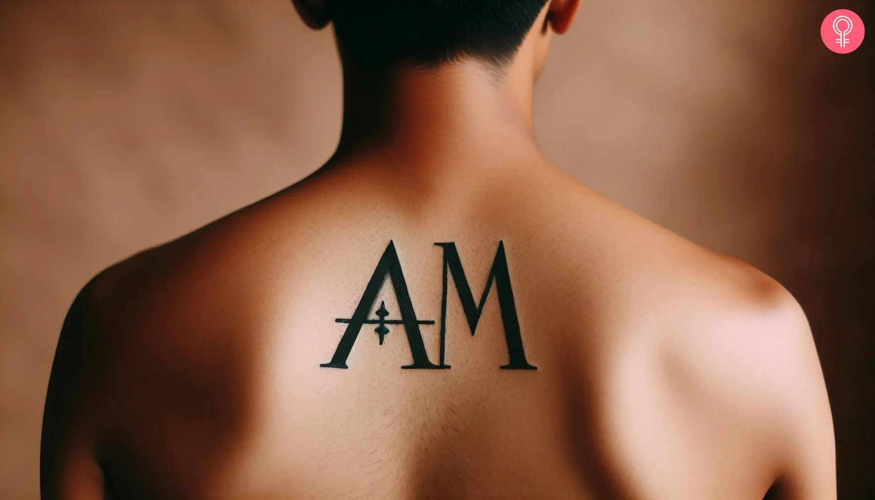  A and M letter tattoo on the upper back