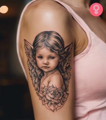 A woman with a baby angel tattoo on her upper arm